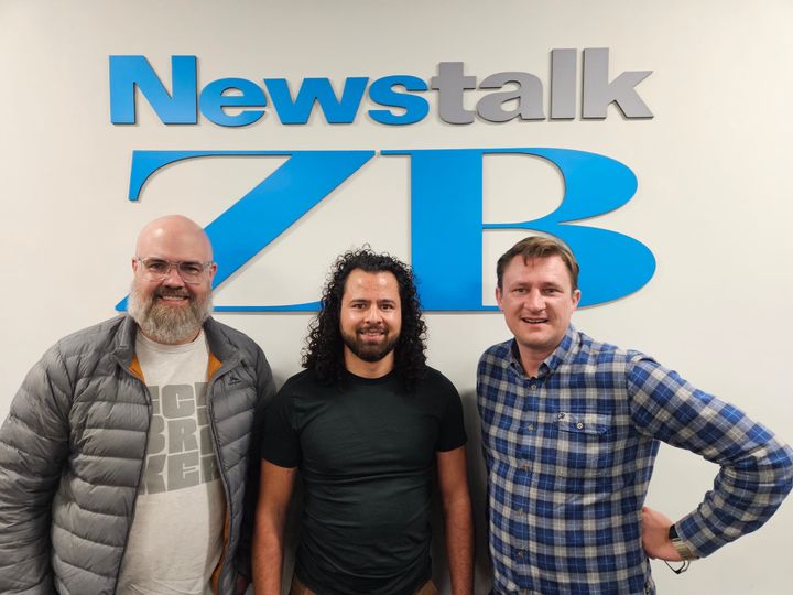 Kyle Macdonald, Sean Selby, and Hamish Williams at the Newstalk ZB studio.