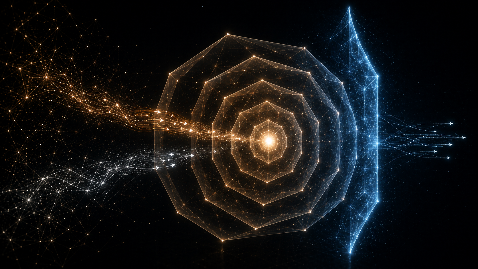 Des coques polyédriques emboîtées entourent un point central ; un flux les traverse et franchit une paroi extérieure distincte.