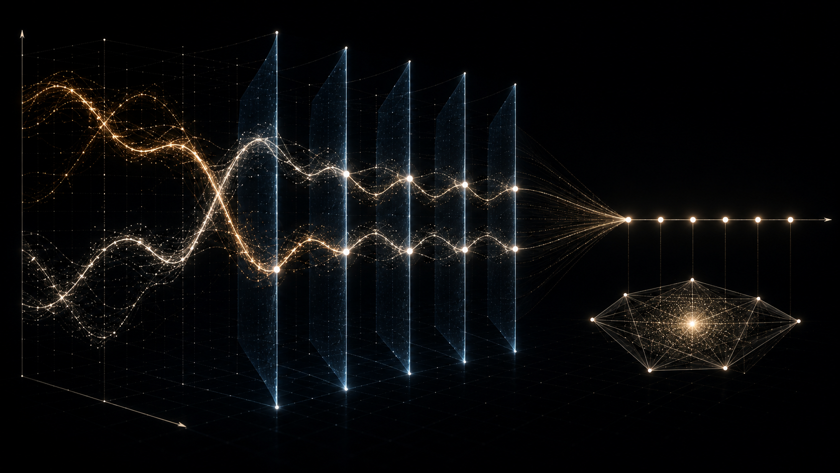 Des trajectoires oscillantes traversent des plans verticaux régulièrement espacés, se confondent, puis aboutissent à une suite de points discrets.