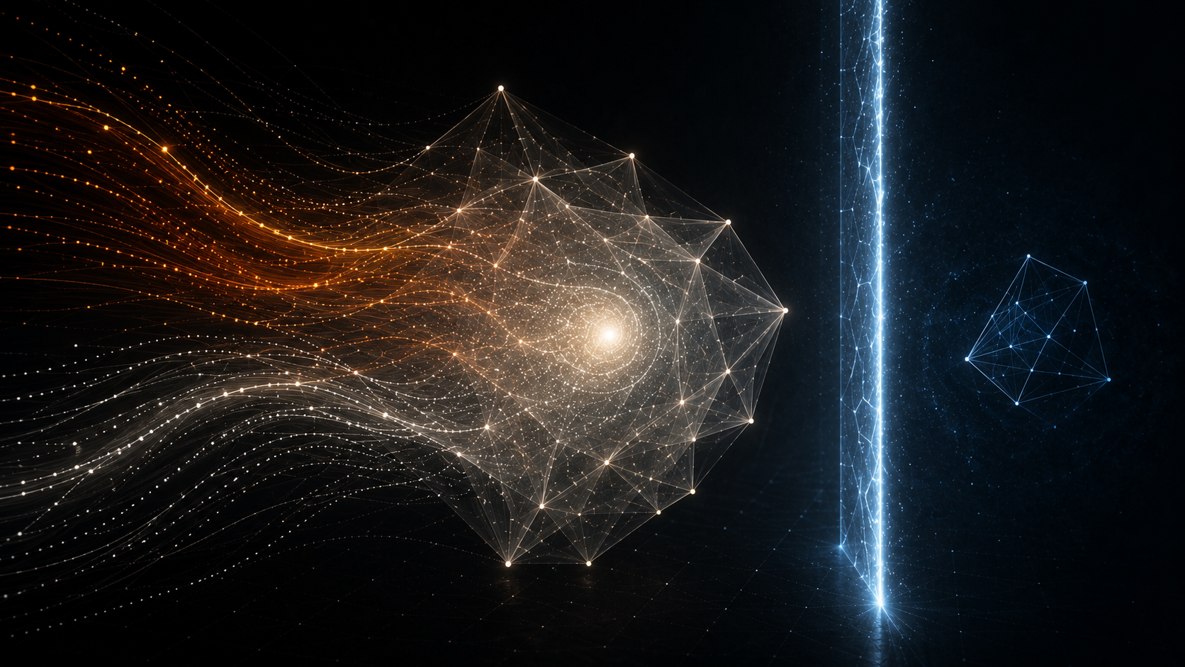 Deux flux se confondent en entrant dans une enveloppe polyédrique ; au-delà d’une paroi lumineuse, une forme isolée n’est reliée à rien.