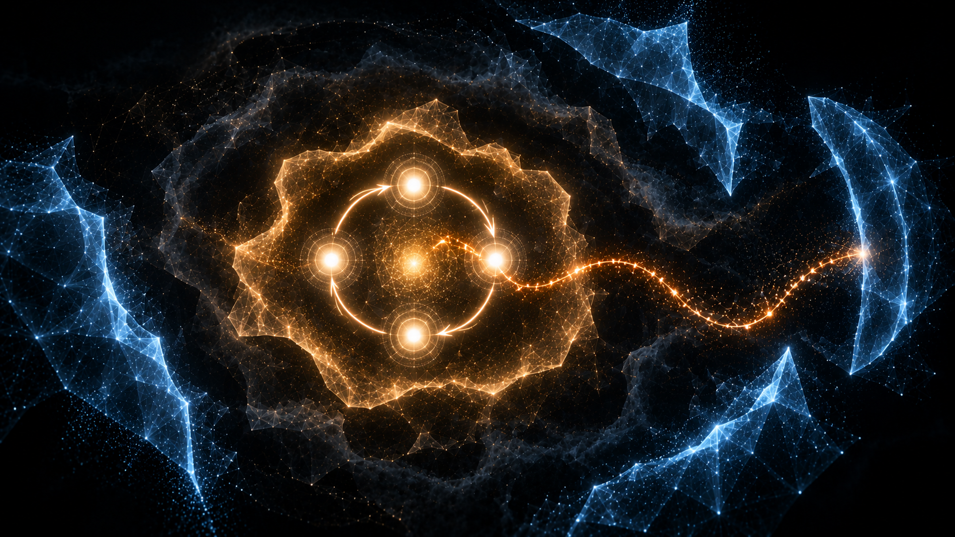 Une boucle à quatre nœuds dans une enveloppe orangée, un halo gris, des fragments bleus en périphérie ; un chemin perlé relie la boucle à l’un d’eux.