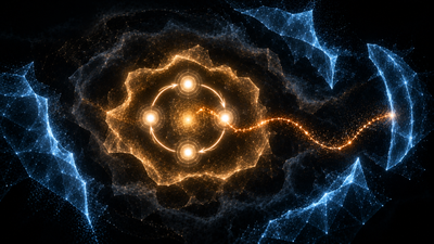 Une boucle à quatre nœuds dans une enveloppe orangée, un halo gris, des fragments bleus en périphérie ; un chemin perlé relie la boucle à l’un d’eux.