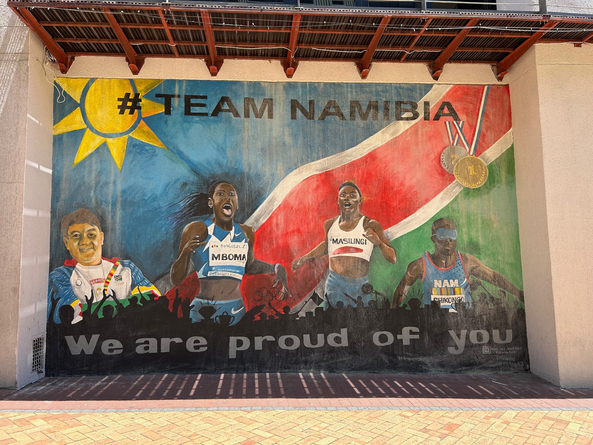 A mural that reads Team Namibia: we are proud of you