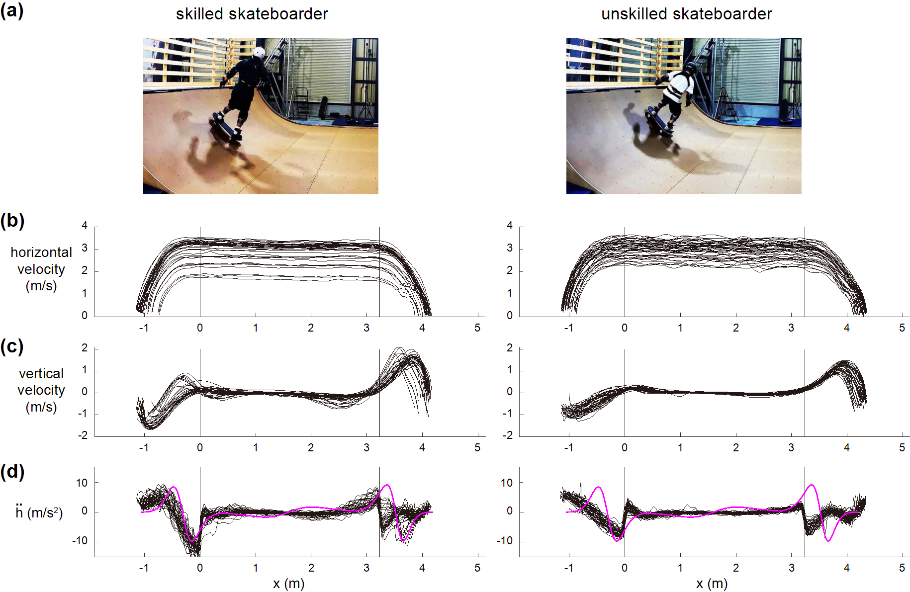 A diagram showing line graphs comparing an experienced versus inexperienced skateboarder