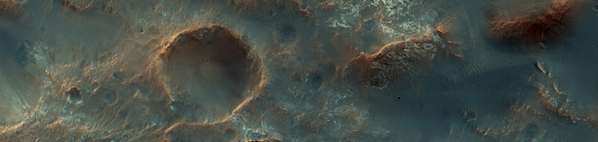 Mars soil, dotted with craters, lightly green with olivine