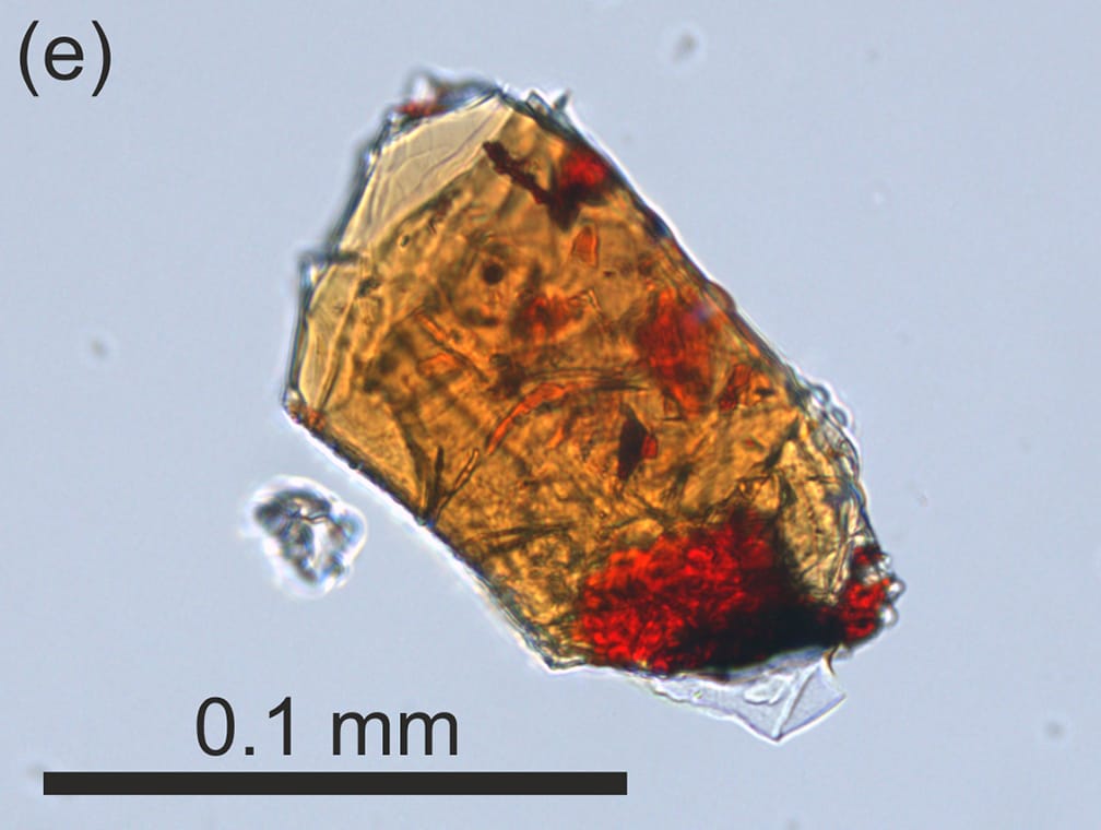 A kahlenbergite crystal seen under a microscope, light orange with pieces of other minerals inside
