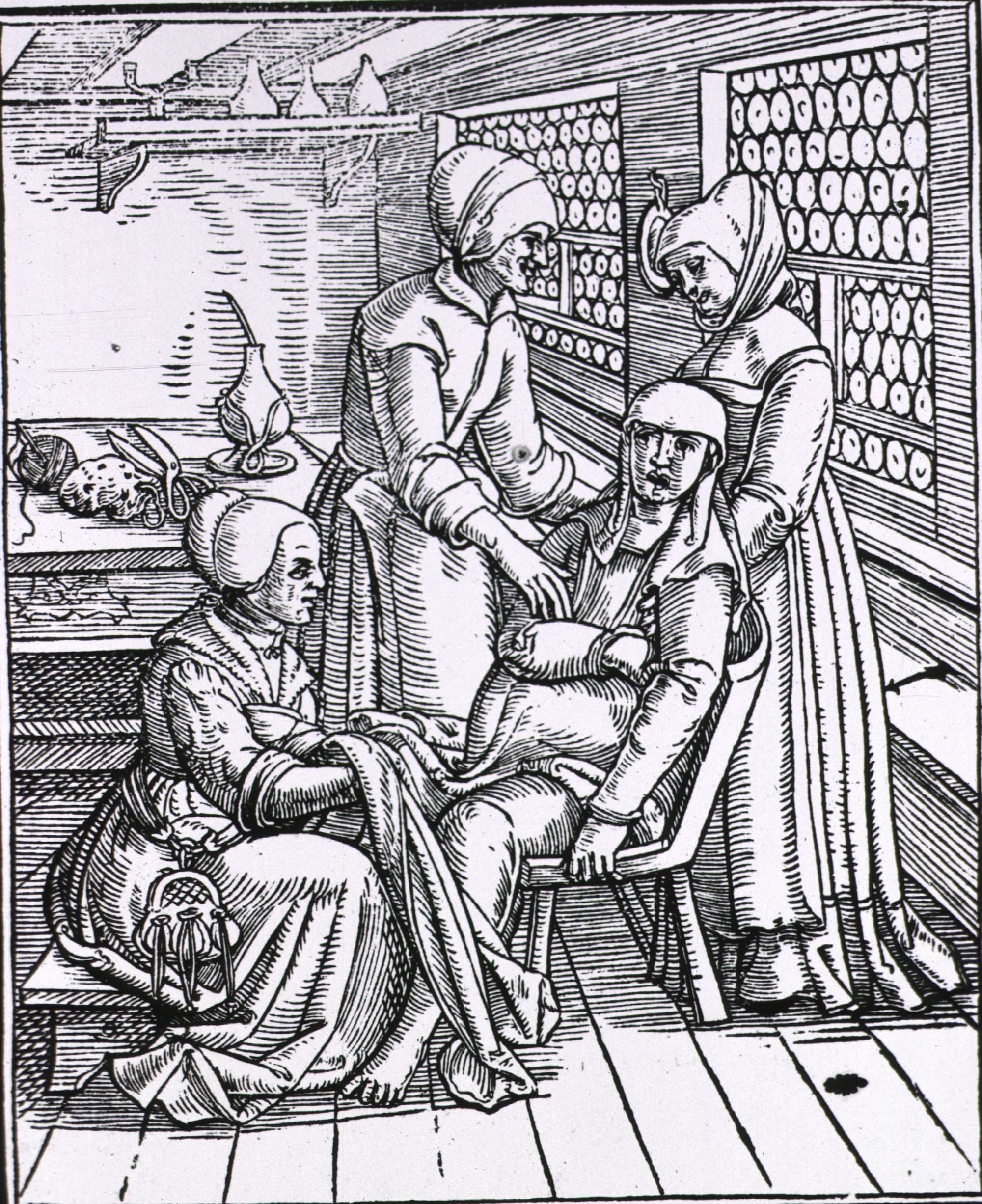 Illustration of three midwives assisting a birthing woman sitting on a chair.