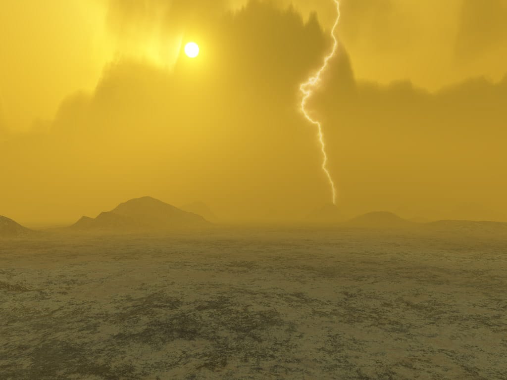 An artist's illustration of the caked surface of Venus with mountains in the background, the skies covered by a thick haze and split by a lightning bolt.