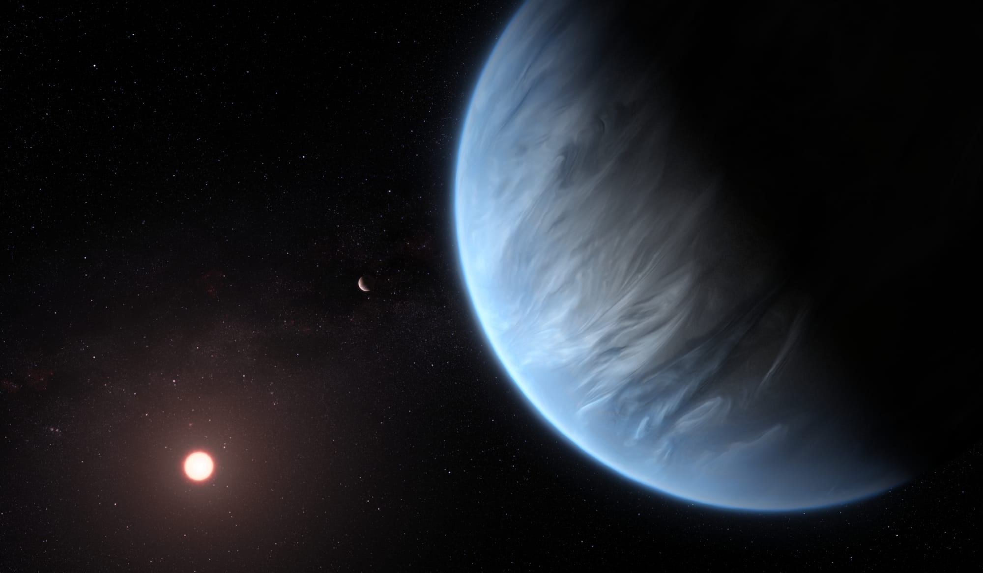 An illustration of a blue exoplanet called K2-18b in the foreground and its star.