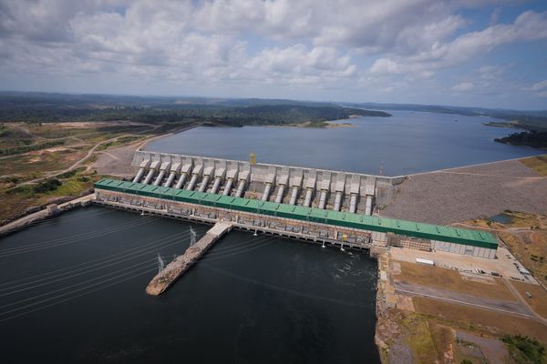 A high-perch view of the Belo Monte dam that stretches across the Xingu River in Brazil. 