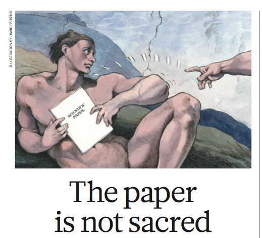 Michaelangelo's The Creation of Adam altered to show Adam holding a scientific paper.