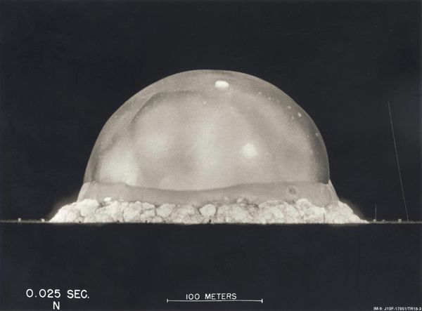 The Trinity test of the atomic bomb, showing a bubble shaped explosion 25 thousandths of a second after detonation