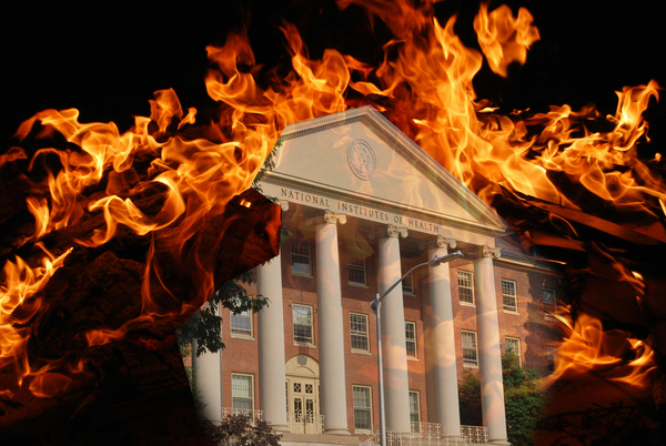edited photo of NIH building in flames