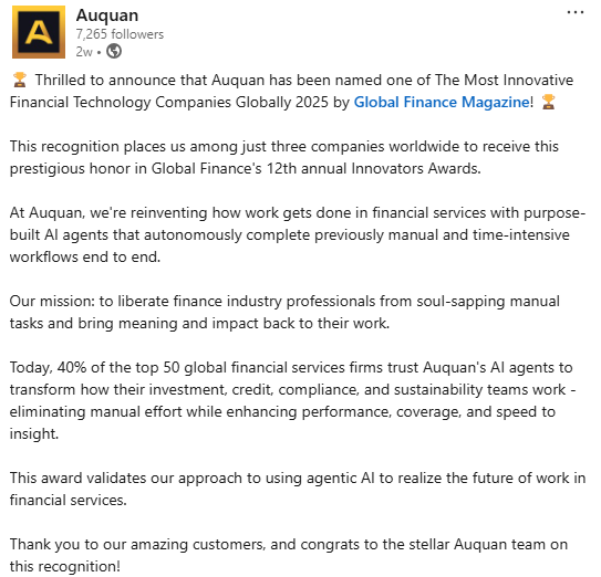LinkedIn announcement from Auquan celebrating their recognition by Global Finance Magazine as a top innovative fintech company for 2025, highlighting their AI agents' role in transforming financial workflows.