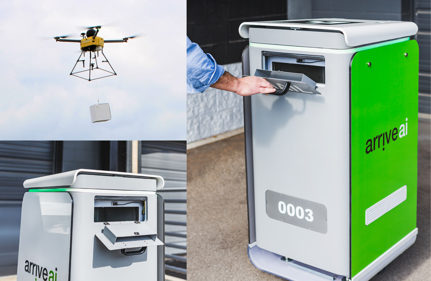 Drone delivers package mid-air while Arrive AI smart mailboxes are shown in use, including a person inserting a package into unit 0003.