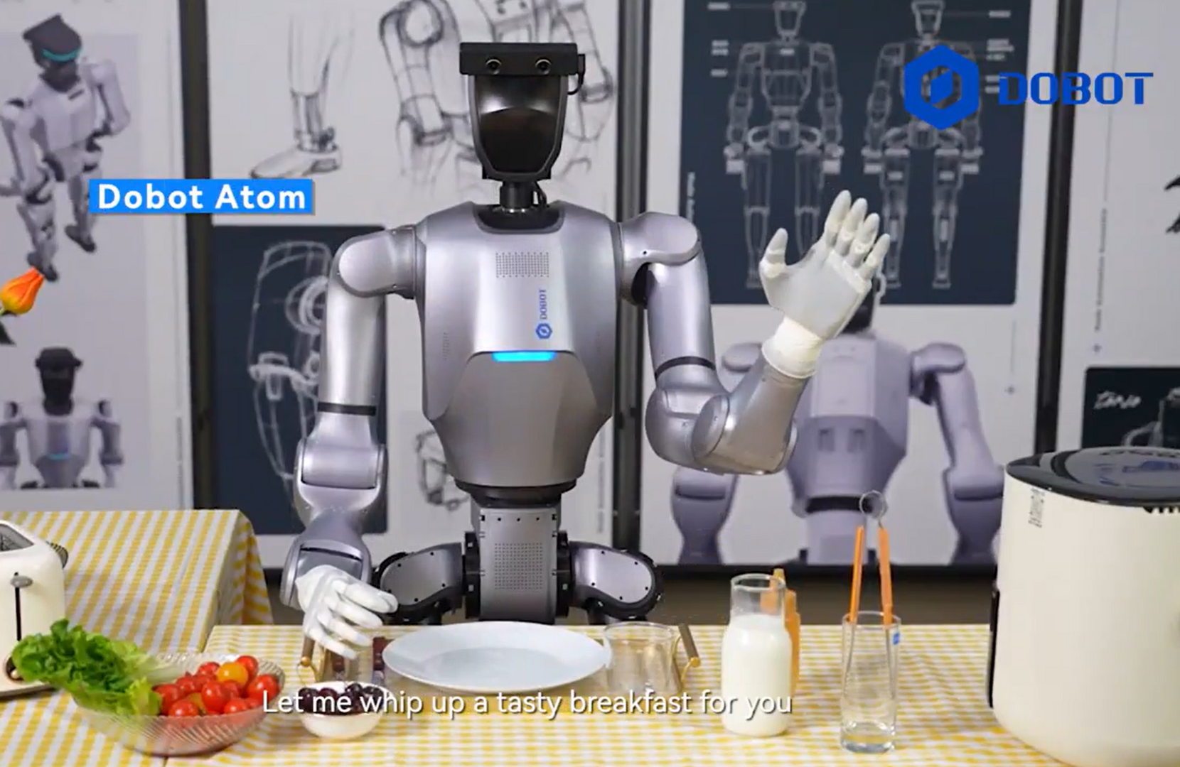 Dobot Atom humanoid robot from Shenzhen Dobot preparing breakfast at a table, illustrating practical home use of advanced robotics with dexterous hands and consumer-friendly design.