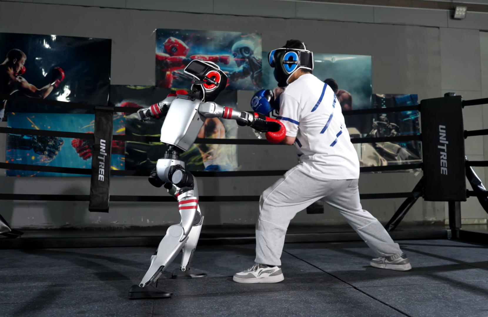 Unitree G1 humanoid robot walking upright in a demonstration environment, showcasing advanced mobility and real-world readiness for mass deployment.