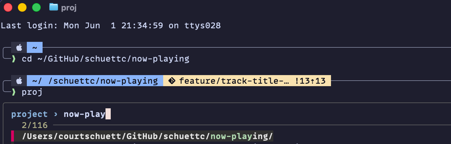 The proj project picker — an fzf list prompted "project ›", filtered to "now-play", with the now-playing repo path highlighted.