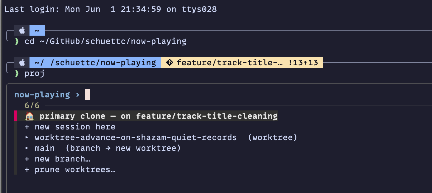 The proj branch picker for now-playing — a 🏠 "primary clone" row, "+ new session here", two ▸ branch rows (one a worktree, one "branch → new worktree"), "+ new branch…", and "+ prune worktrees…".