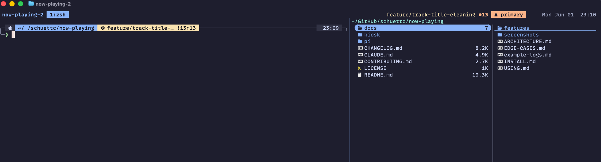 A now-playing-2 session — shell on the left, yazi on the right. The tmux status bar shows the branch, a ●13 dirty-file count, and a ⚠ primary marker, lit because this session sits in the primary clone while a worktree (worktree-advance-on-shazam-quiet-records) is live.