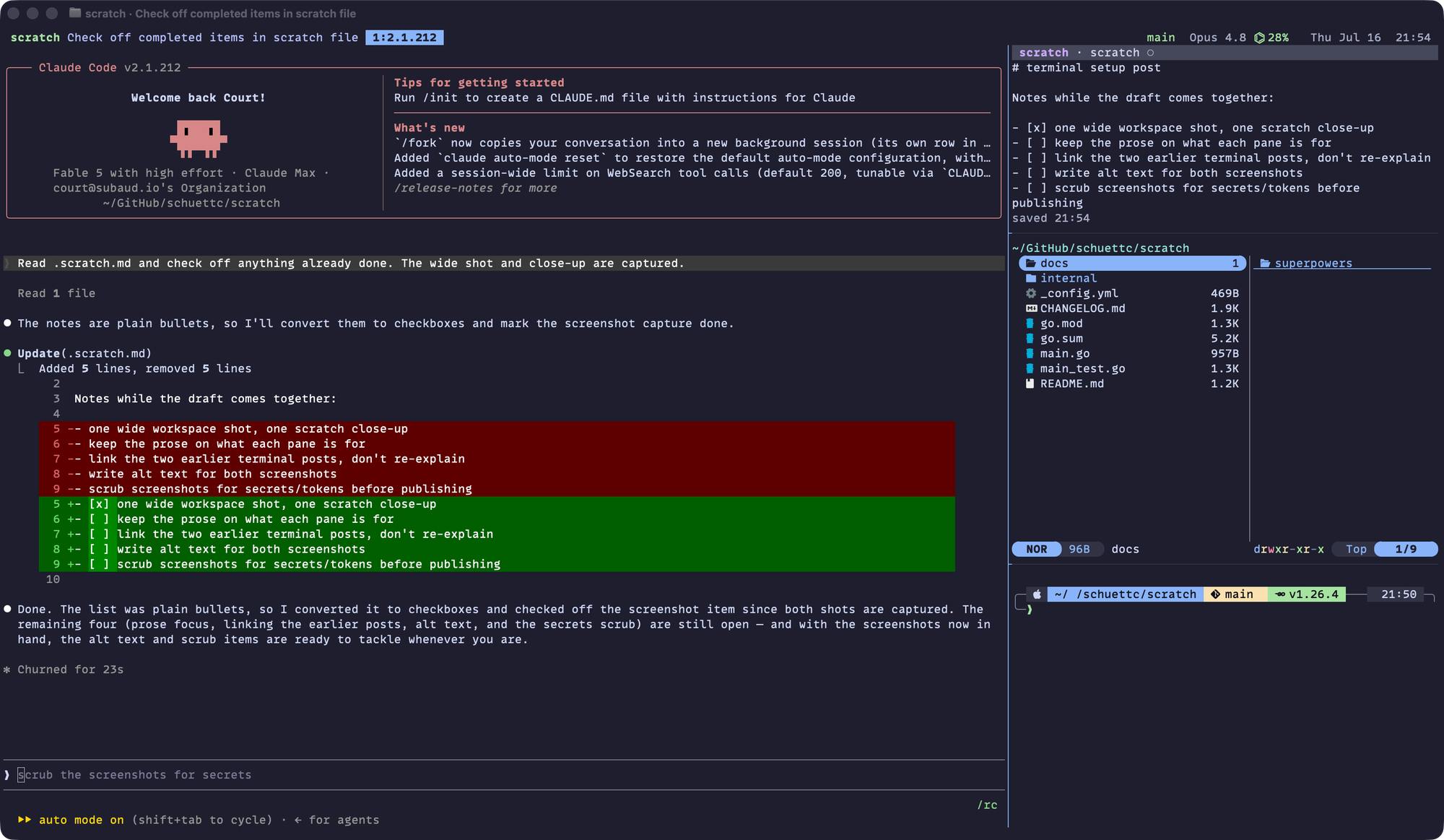 A Ghostty window running a tmux workspace: Claude Code fills the large left pane, mid-conversation, converting a checklist to checkboxes. The right column stacks the scratch notepad showing that same checklist, a yazi file manager, and a shell prompt.