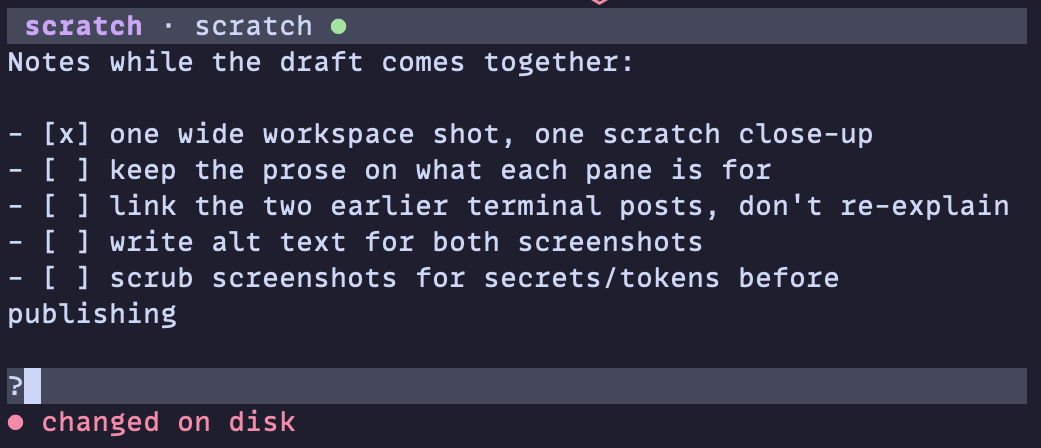 The scratch pane in a conflicted state: a filled dot in the title bar, an in-progress edit on the cursor line, and a red "changed on disk" indicator below the text.