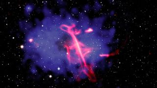 Composite telescope image of a galaxy cluster, a blue glow with a pink filament shaped like a treble clef