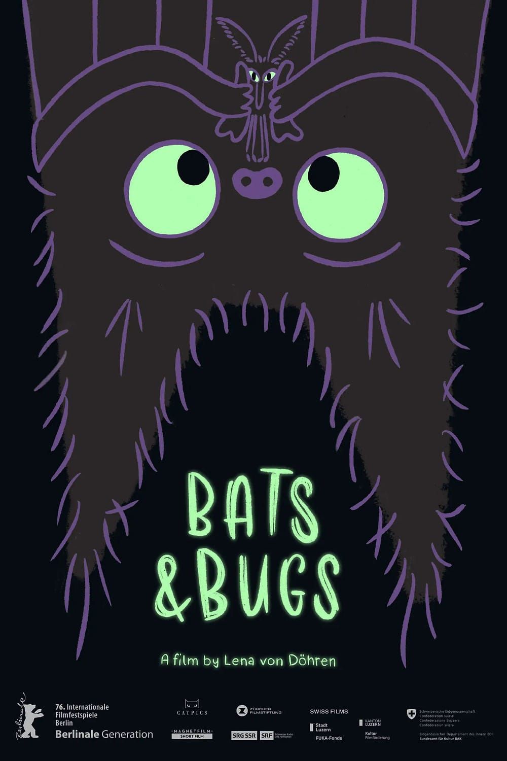 An illustrated bat with big green eyes hanging upside down on the poster for Lena von Döhren's short Bats & Bugs