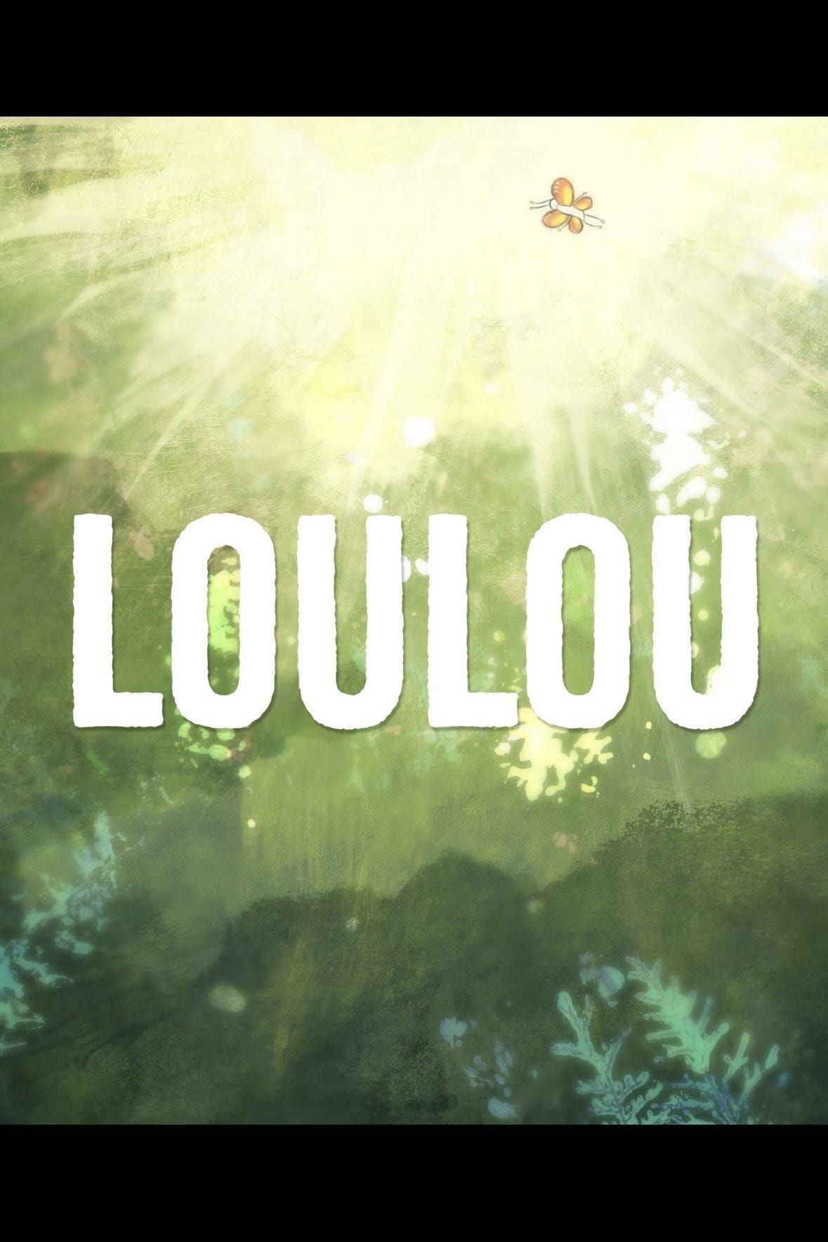 A butterfly over a sunlit green landscape on the picturebook-style poster for the animated short Loulou
