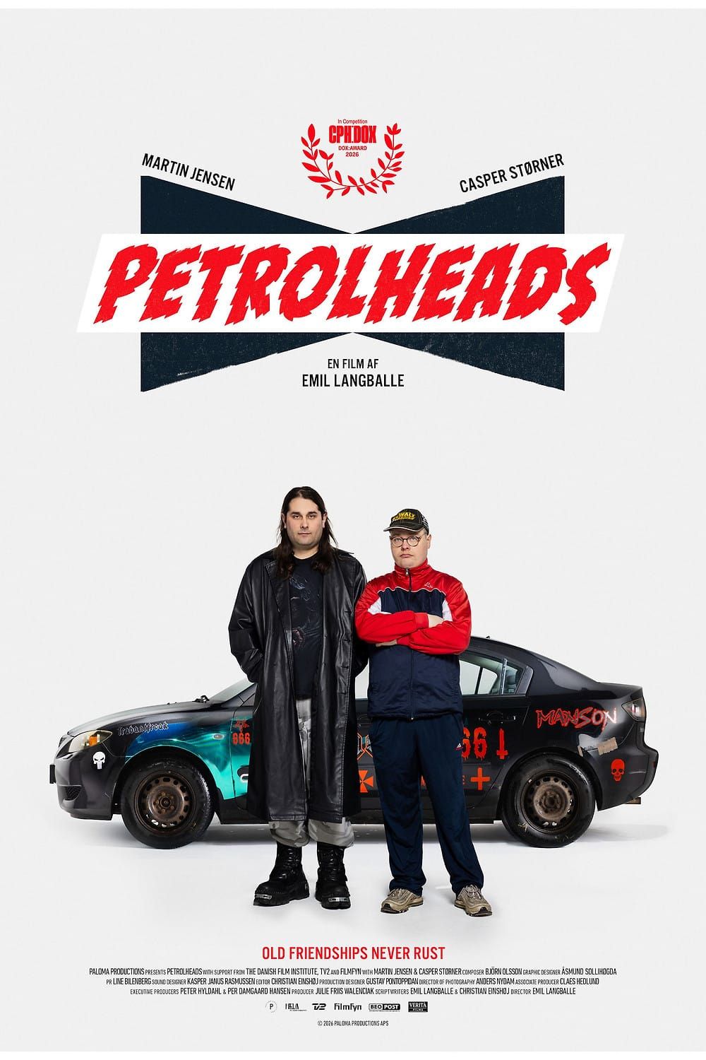 Two friends standing by a decal-covered banger on the poster for the documentary Petrolheads