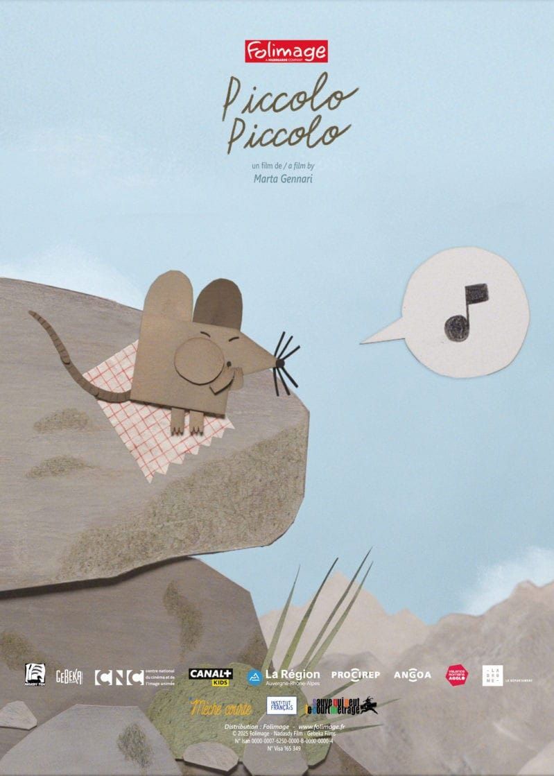 A paper cut-out mouse resting on a mountain rock on the poster for Marta Gennari's short Piccolo Piccolo