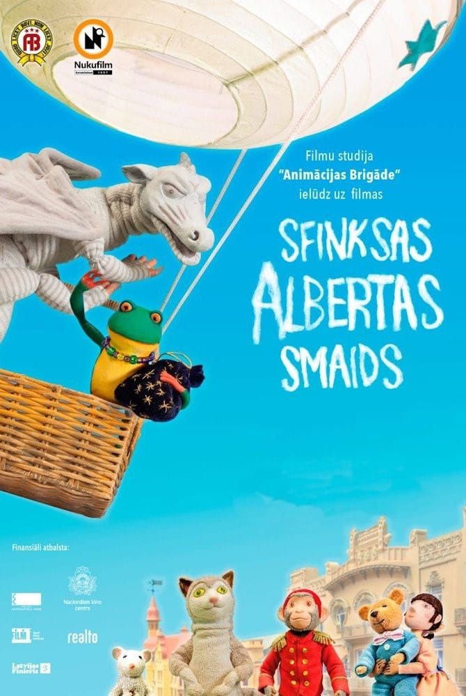 Stop-motion puppets in a hot-air balloon over Riga on the poster for Sphinx Alberta's Smile