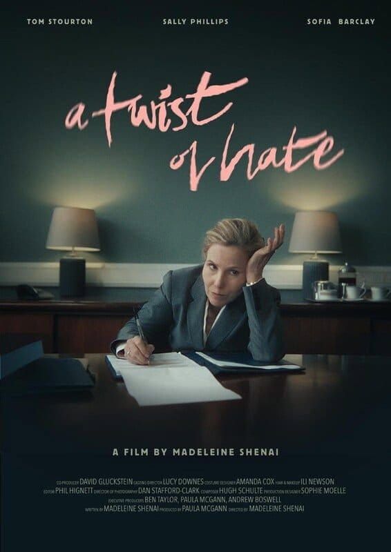 Sally Phillips as a lawyer at a desk on the poster for Madeleine Shenai's short A Twist of Hate