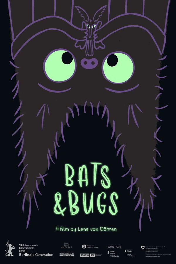 An illustrated bat with big green eyes hanging upside down on the poster for Lena von Döhren's short Bats & Bugs