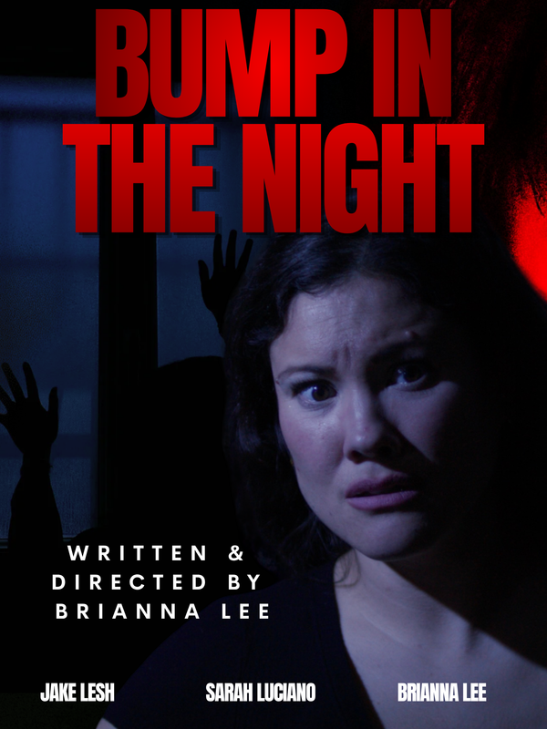 A frightened woman with a shadowy figure at the window on the poster for the short Bump in the Night