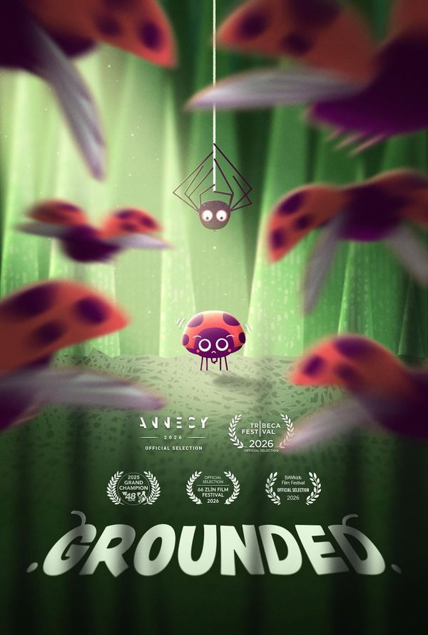 A worried cartoon ladybird on the ground with a spider descending on a thread, on the poster for the short Grounded
