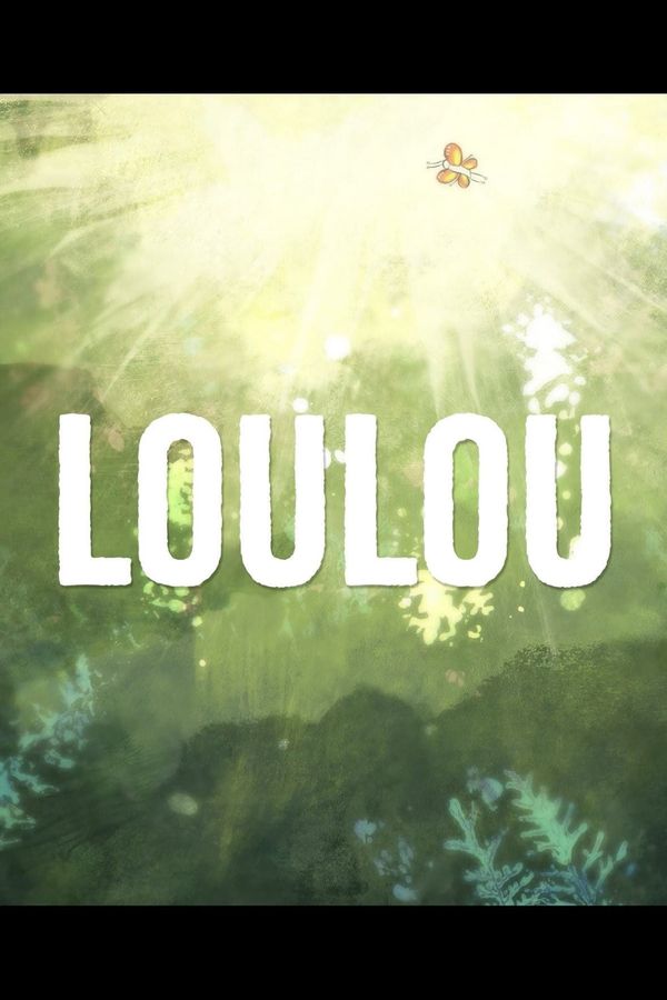 A butterfly over a sunlit green landscape on the picturebook-style poster for the animated short Loulou