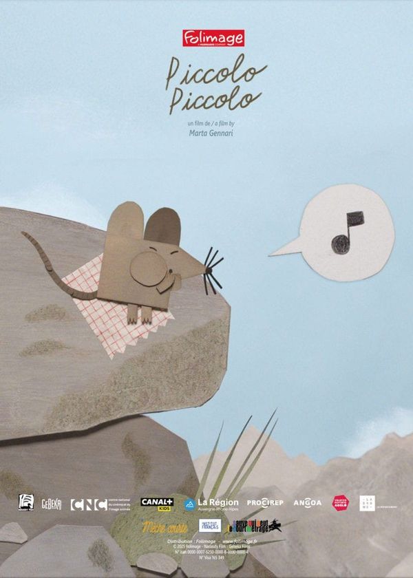 A paper cut-out mouse resting on a mountain rock on the poster for Marta Gennari's short Piccolo Piccolo