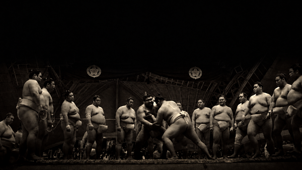 Sumo wrestlers ringside in Erik Shirai's documentary Sumo: Spirit Weighs Nothing