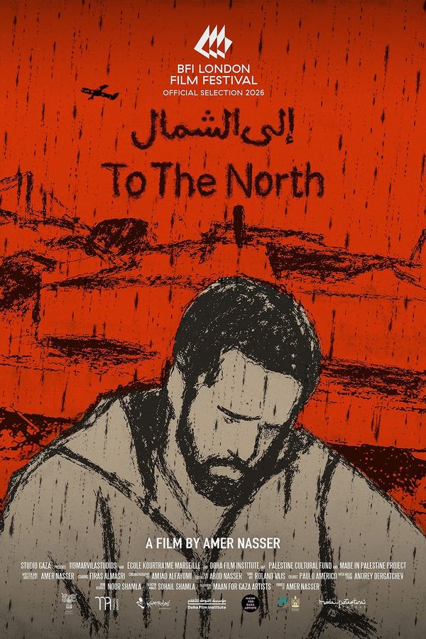 Illustrated poster for Amer Nasser's Gaza short To the North, a bowed man beneath a drone and red sky