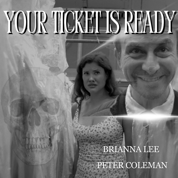 A woman and a smiling man beside a ghostly skull on the poster for the short Your Ticket Is Ready