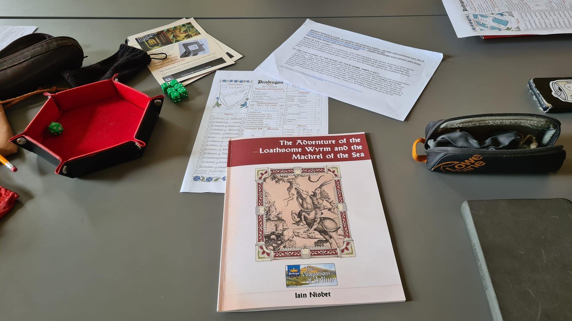 rpg paraphernalia including printed scenario and dice tray, dice, character sheets etc