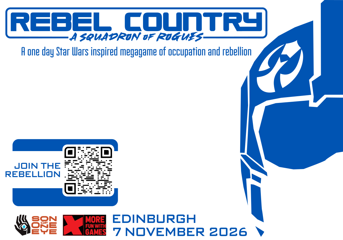 White background with blue text and imaged, half a rebel pilot helmet on right and then info text on game with logos etc in rest of flyer