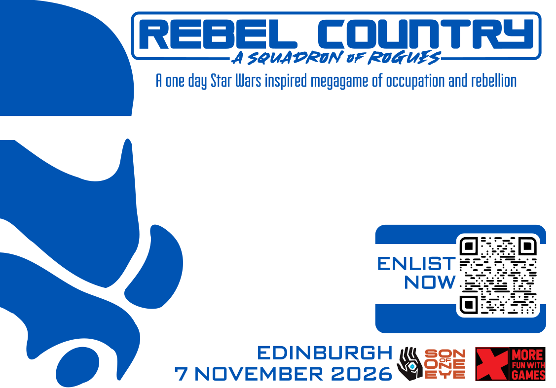 White background with blue text and imaged, half a imperial trooper helmet on left and then info text on game with logos etc in rest of flyer