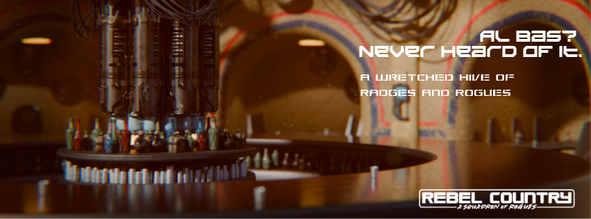 Squadron of Rogues - Radge Cantina A space themed circular bar with text advertising A wretched hive of radges and rogues