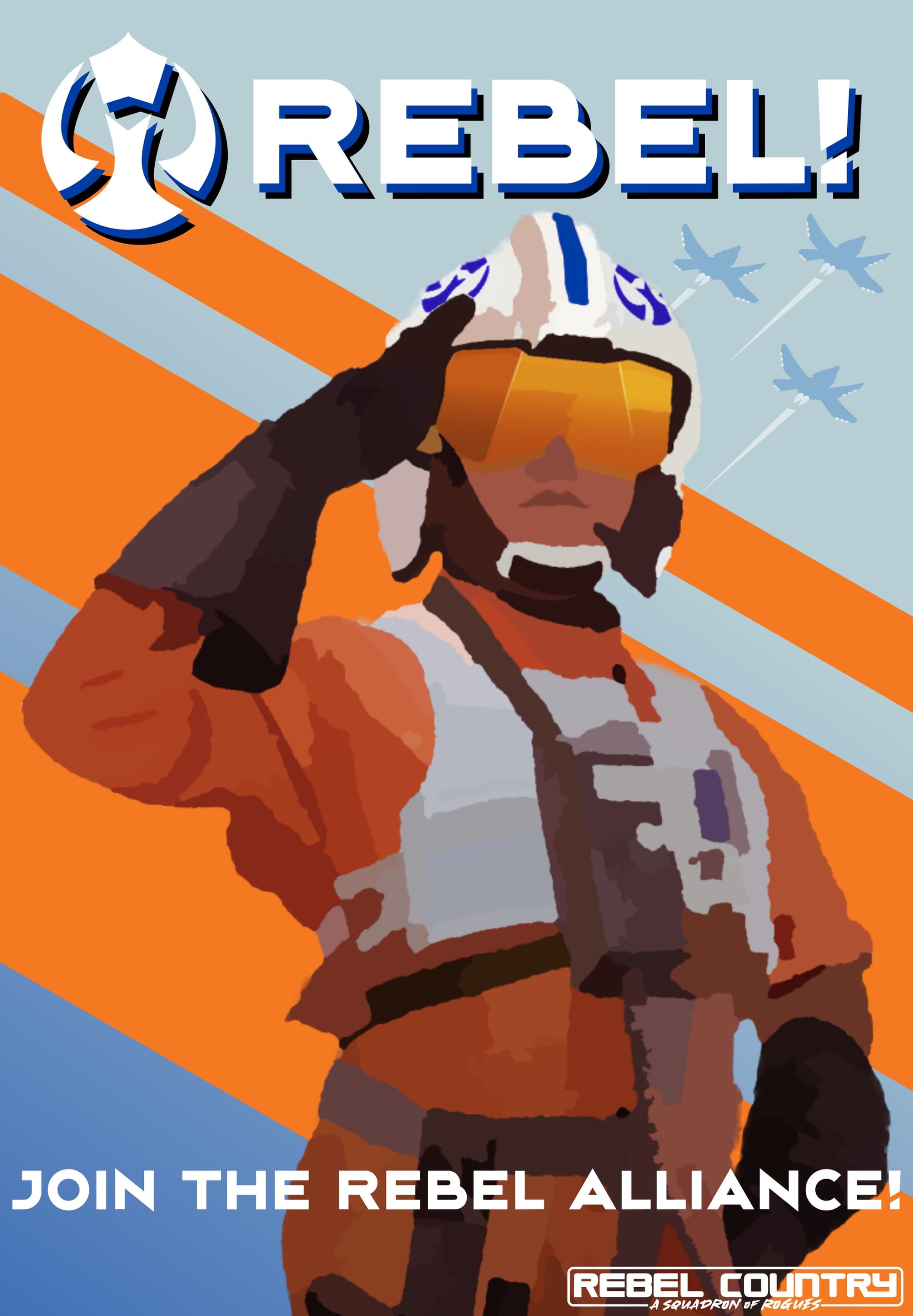 Squadron of Rogues - Rebel Iron Brew Star Wars style fighter pilot recruitment poster in Iron Brew colour scheme orange and blue with the work REBEL large at the top