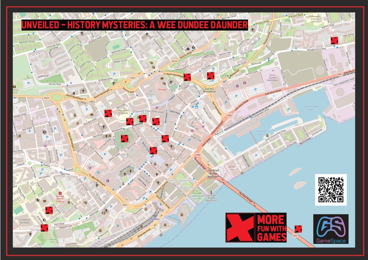 A map of city centre dundee with several red and black Xs markign locations and some logos and WR code bottom right, top left a title