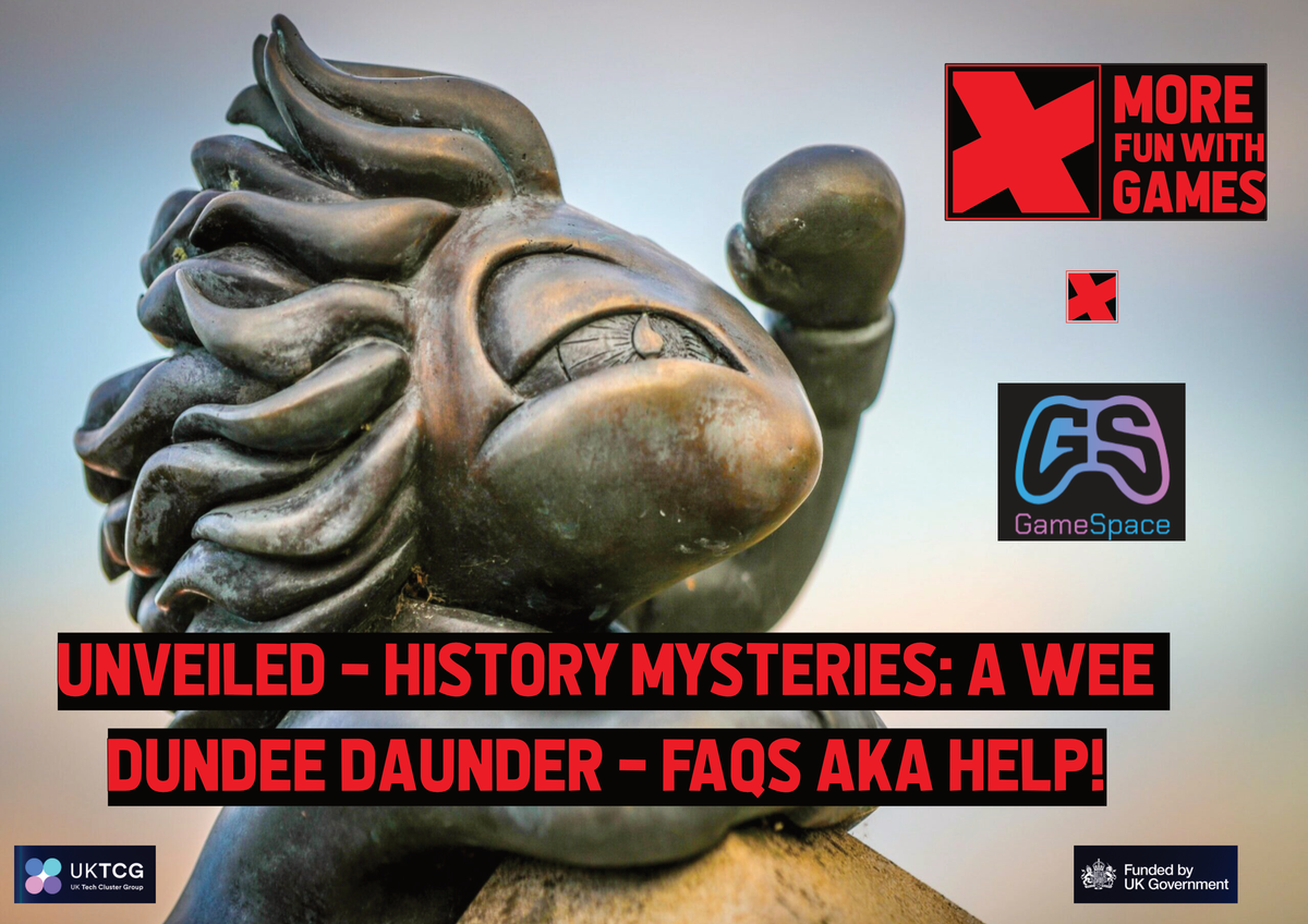 Cenreal image is Lemmings statue looking right hand shading brow, then a MFWG logo and Games Space logo top left, smaller  logos bottom left & right and red text on black background centre