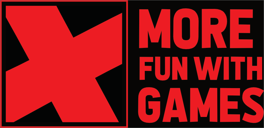Red and Black off centred X marks the spot logo to left and red text to right saying More Fun With Games