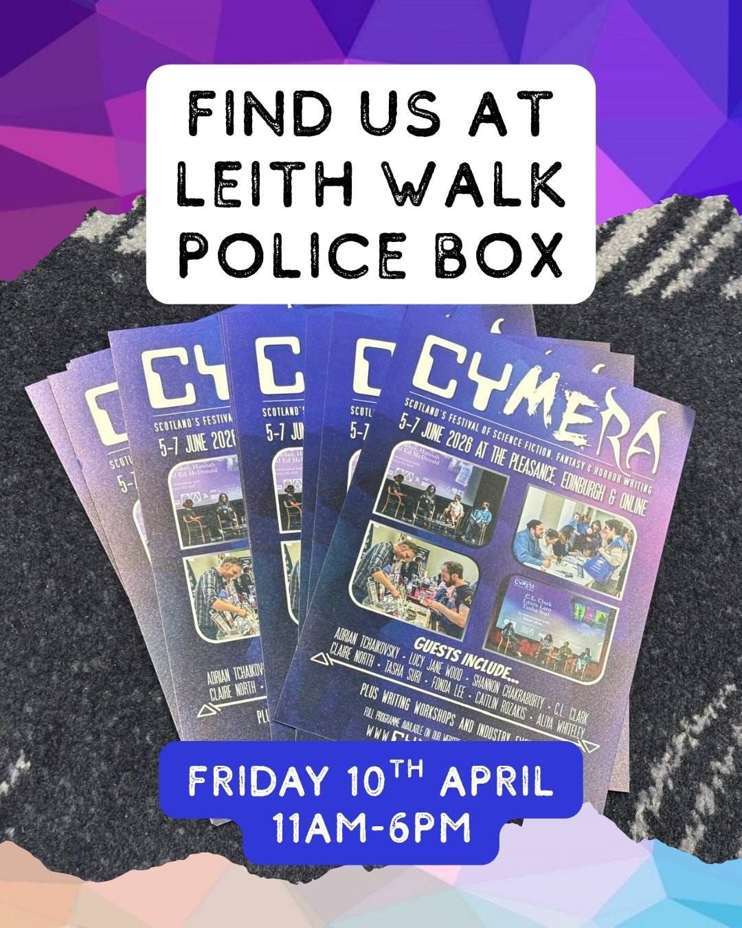 Image of flyers spread out centre for Cymera Festival and info on appearance to coincide with program launch at Leith Police Bos Friday 10th April 11am to 6pm